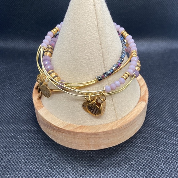 💜ALEX AND ANI💜Daisy & 3 Beaded Charm Bangle Bracelets in Rafaelian Gold/Like New - Picture 3 of 5